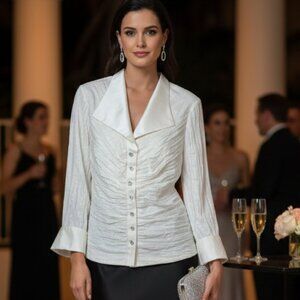 Cachet Ivory Ruched Blouse with Rhinestone Buttons – Long Sleeve (Size 12)